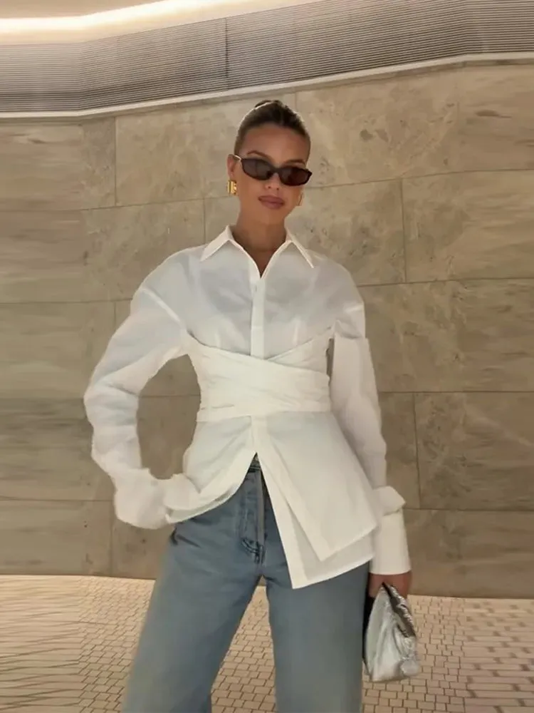ADVBRIDGE  -  Elegant Office Women's Shirts Elegant Laple Waist Cinching Full Sleeve Female Shirt 2025 Spring Fashion New Lady Commuter Wears
