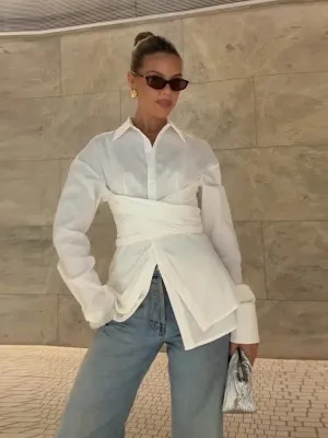 ADVBRIDGE  -  Elegant Office Women's Shirts Elegant Laple Waist Cinching Full Sleeve Female Shirt 2025 Spring Fashion New Lady Commuter Wears