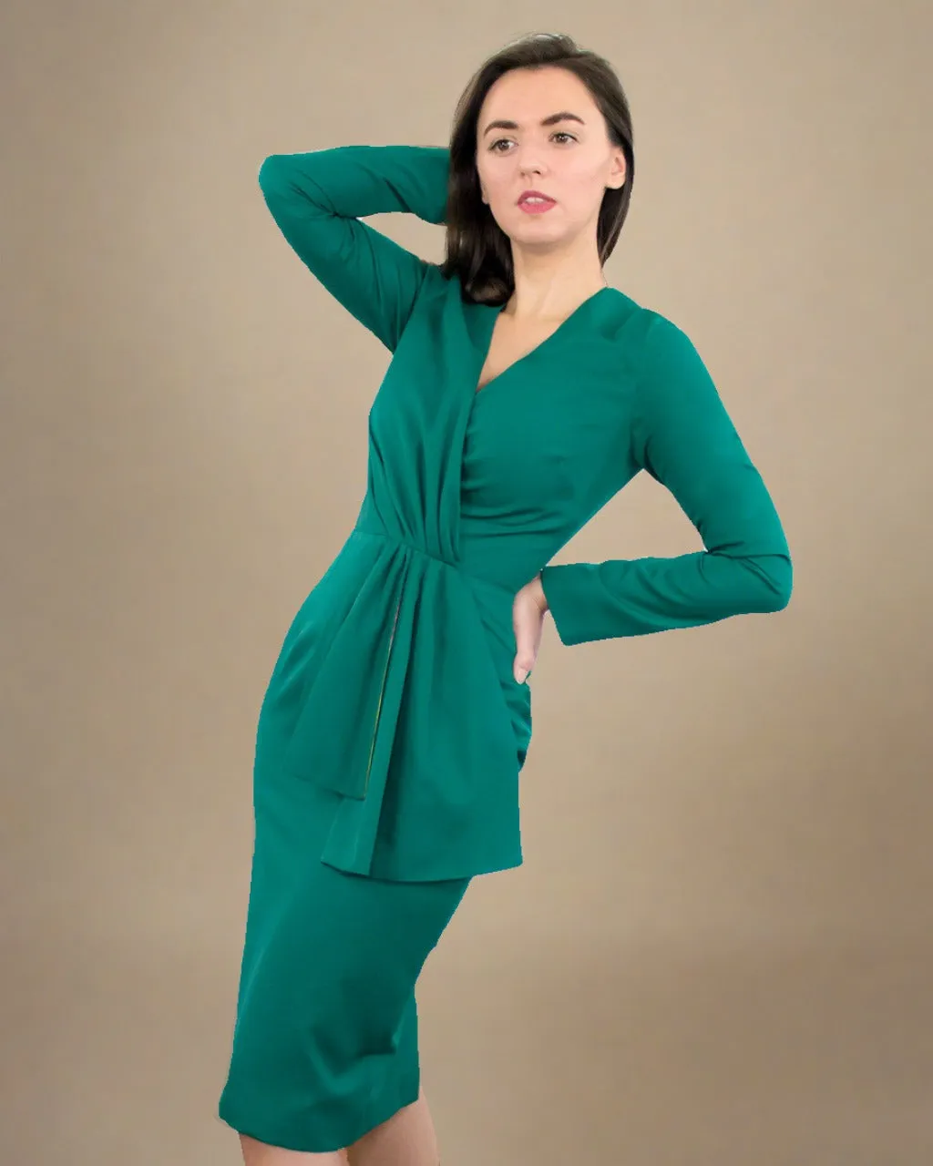 Agnes Emerald Green Fitted Midi Dress with V-neck