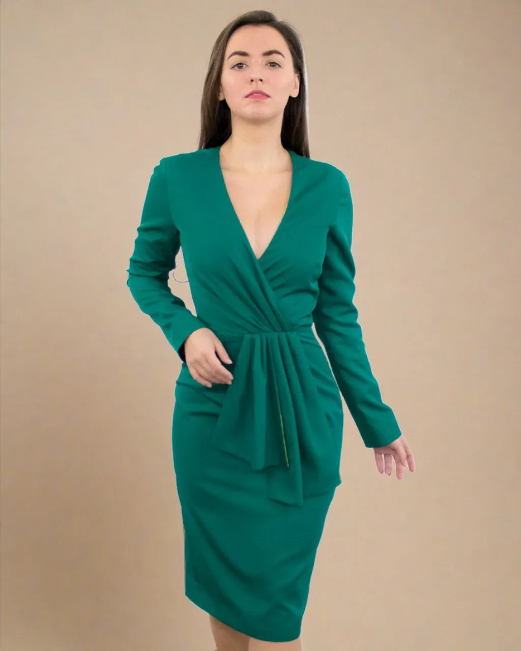 Agnes Emerald Green Fitted Midi Dress with V-neck