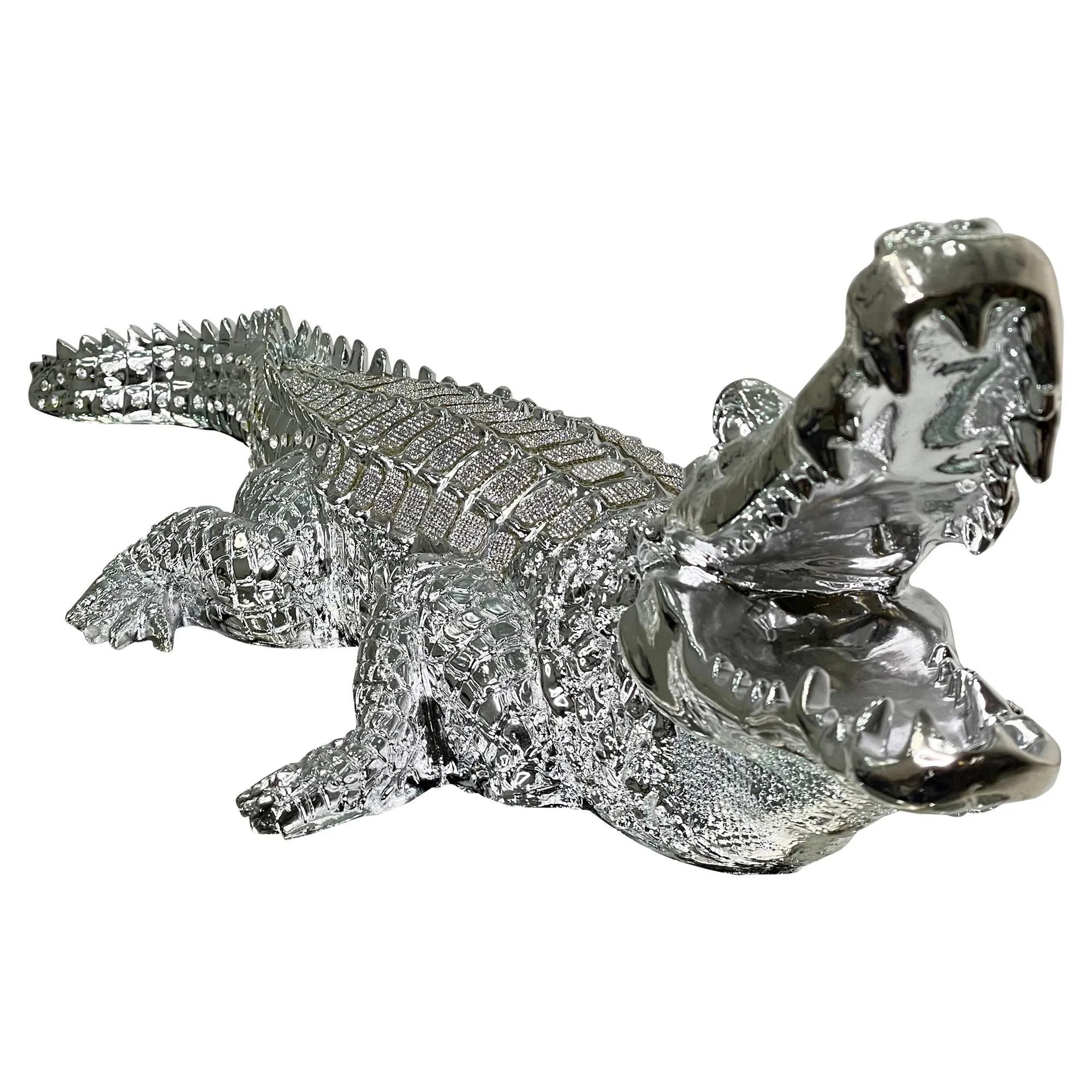 AMBROSE DIAMOND ENCRUSTED CHROME PLATED CROCODILE: Large / Silver