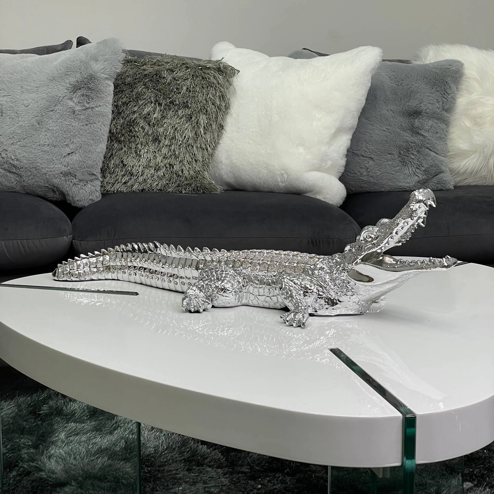 AMBROSE DIAMOND ENCRUSTED CHROME PLATED CROCODILE: Large / Silver