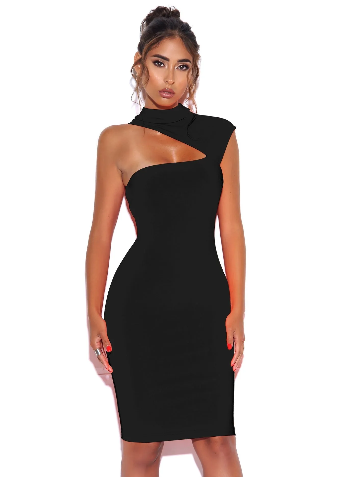 Aria Asymmetric Neck Detail Dress x Black
