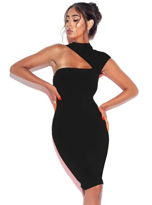 Aria Asymmetric Neck Detail Dress x Black