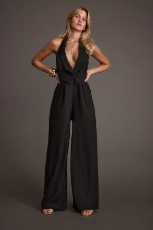 Astoria Black Plunge Halter Tailored Jumpsuit