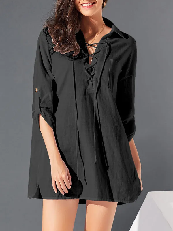 Autumn New Cotton And Linen Shirt Solid Color Dress