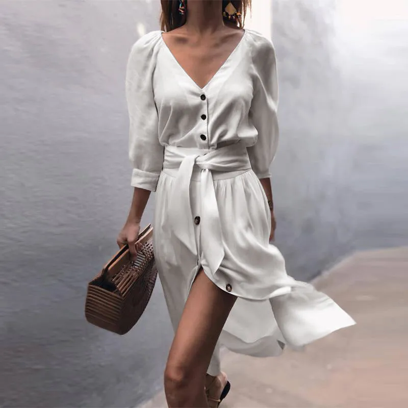 Autumn V-neck Strap Mid-sleeve Dress