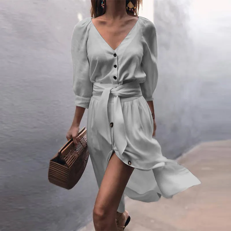 Autumn V-neck Strap Mid-sleeve Dress