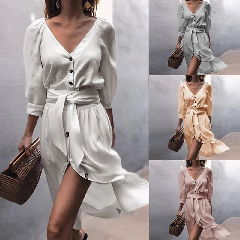 Autumn V-neck Strap Mid-sleeve Dress