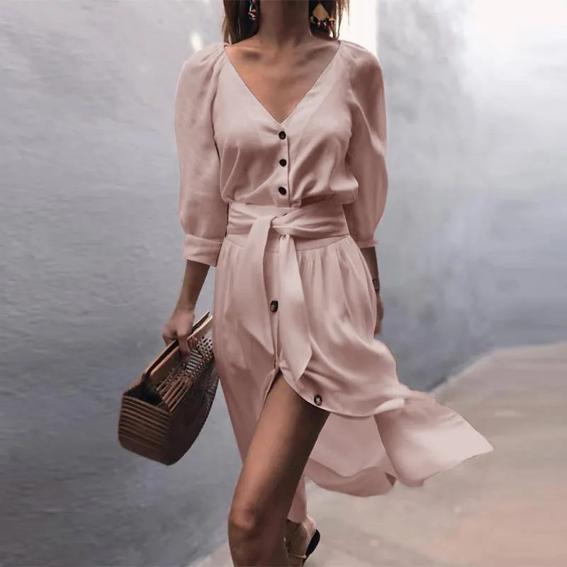 Autumn V-neck Strap Mid-sleeve Dress