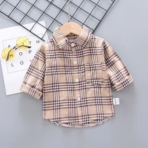 Baby Boys Thin Long Sleeve Cotton Check Shirts - Pink, Khaki