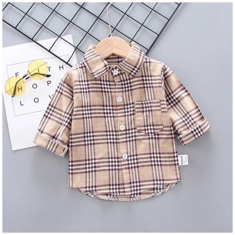 Baby Boys Thin Long Sleeve Cotton Check Shirts - Pink, Khaki