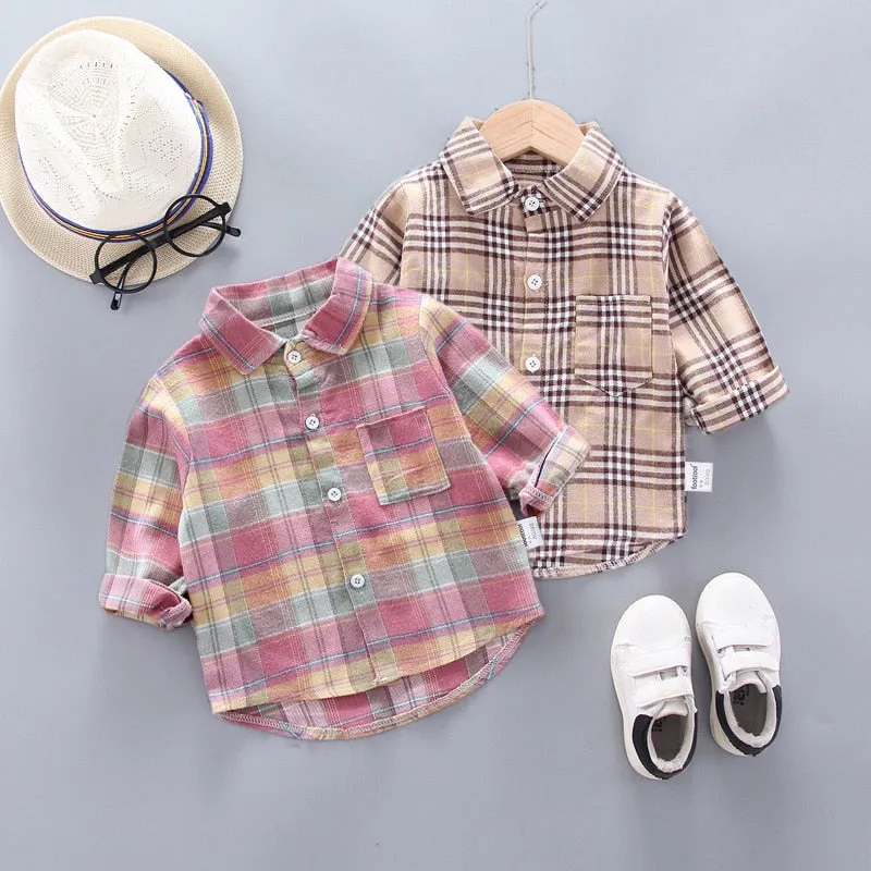 Baby Boys Thin Long Sleeve Cotton Check Shirts - Pink, Khaki
