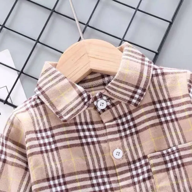 Baby Boys Thin Long Sleeve Cotton Check Shirts - Pink, Khaki