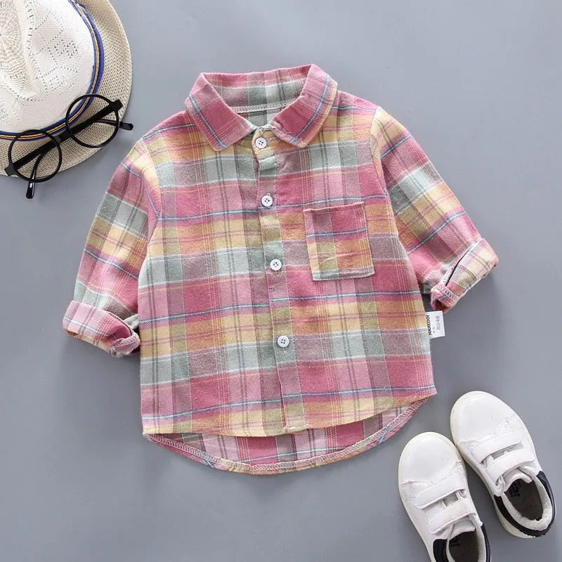 Baby Boys Thin Long Sleeve Cotton Check Shirts - Pink, Khaki