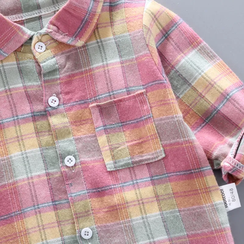 Baby Boys Thin Long Sleeve Cotton Check Shirts - Pink, Khaki