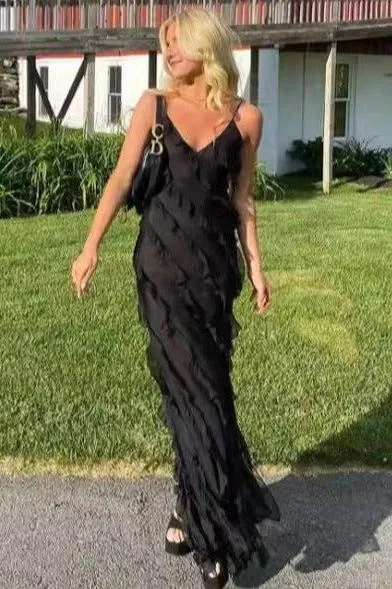 Backless Sling U-Neck Off-Shoulder Maxi Dress