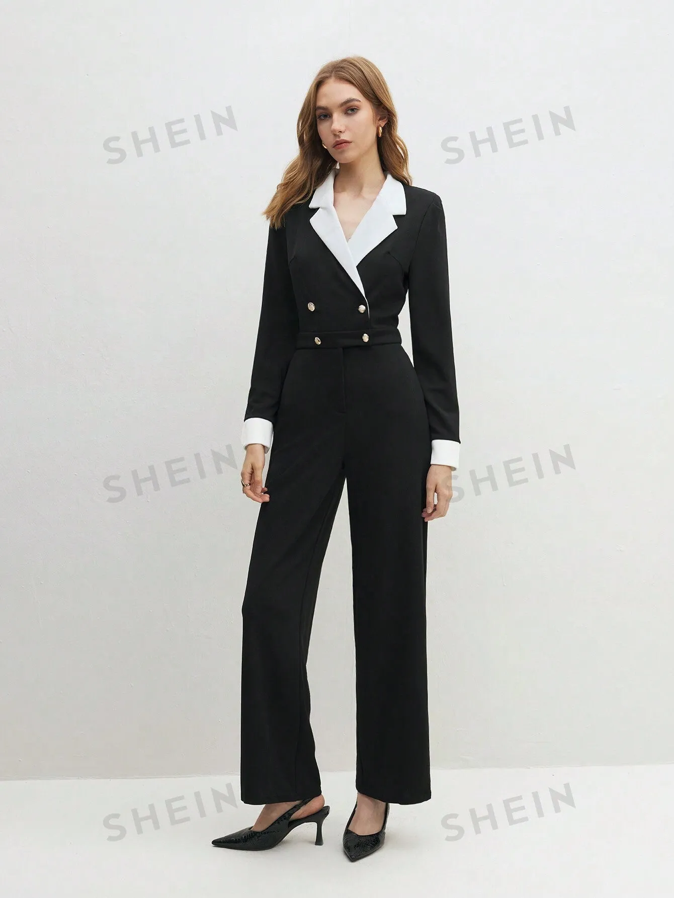 BIZwear Ladies' Contrast Color Double Breasted Jumpsuit Office Wear