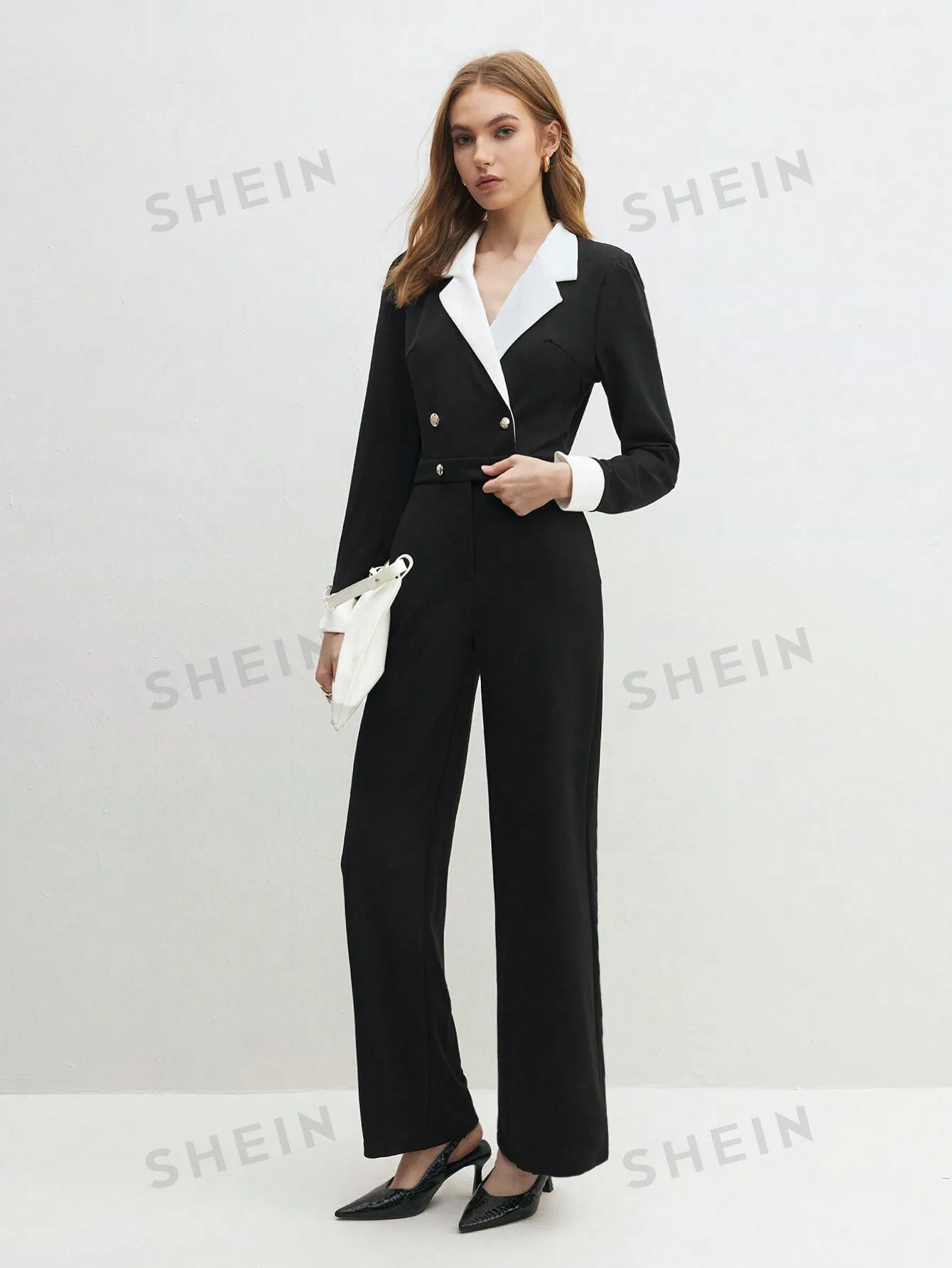 BIZwear Ladies' Contrast Color Double Breasted Jumpsuit Office Wear