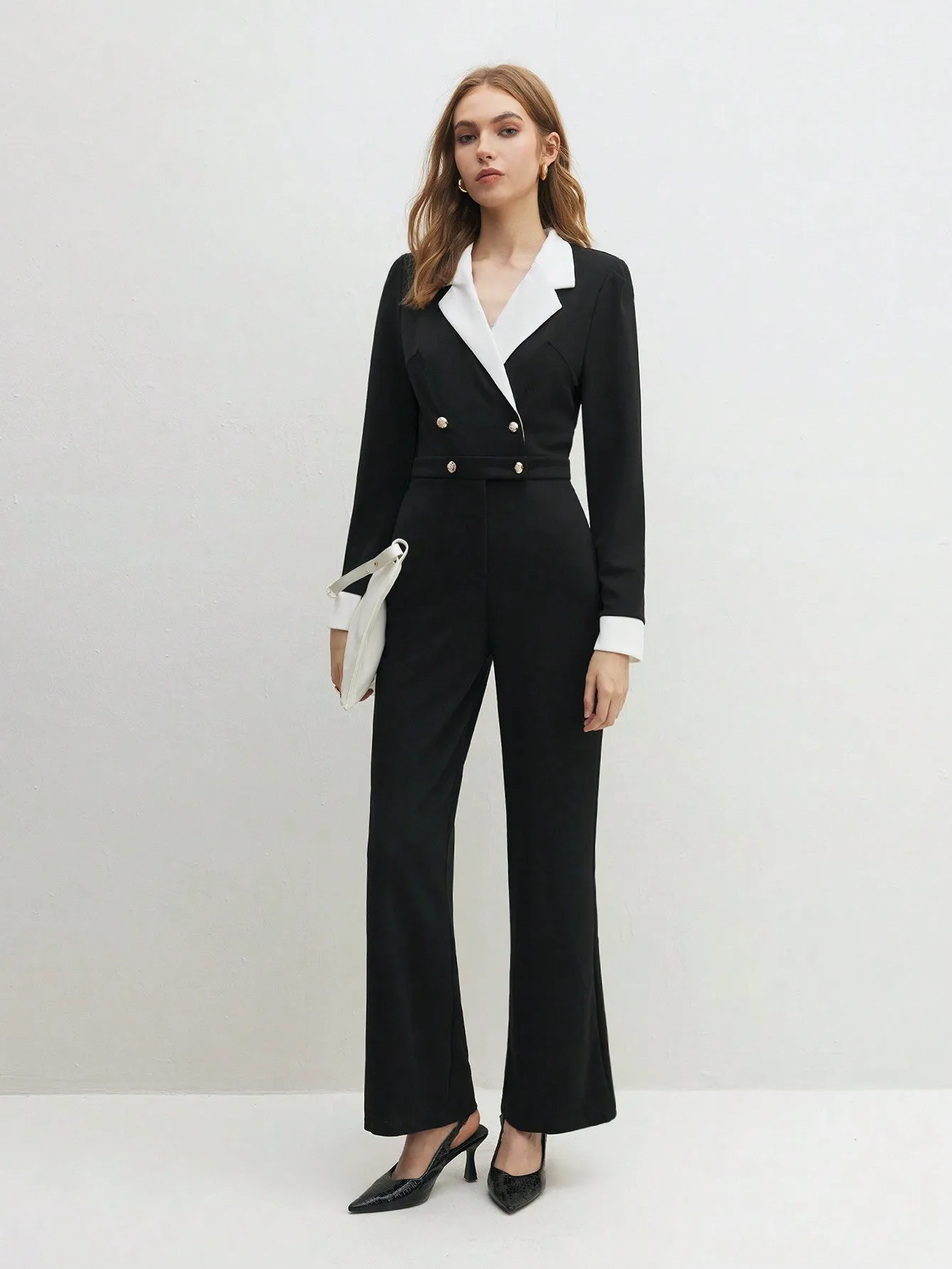 BIZwear Ladies' Contrast Color Double Breasted Jumpsuit Office Wear