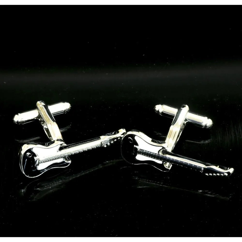 Black and White Mens Stainless Steel Guitars Cufflinks for Shirt with Box - Hand Crafted Perfect