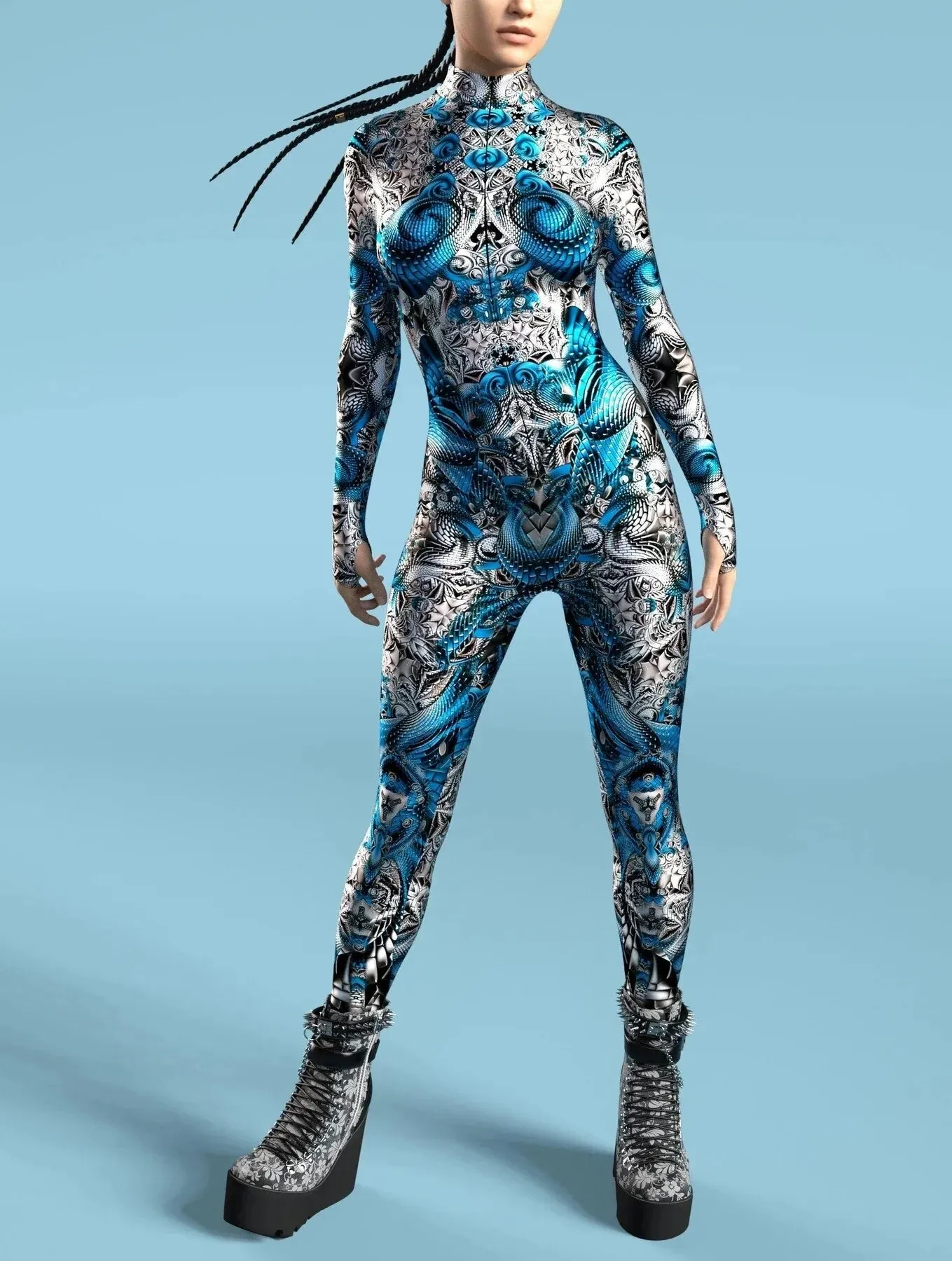 Blue & Silver Fractal Hypnotic Bodysuit - Rainbow Fractal Skinny Jumpsuit Wear Onesie Doof Costume Elastic Bodysuits Rave Rompers