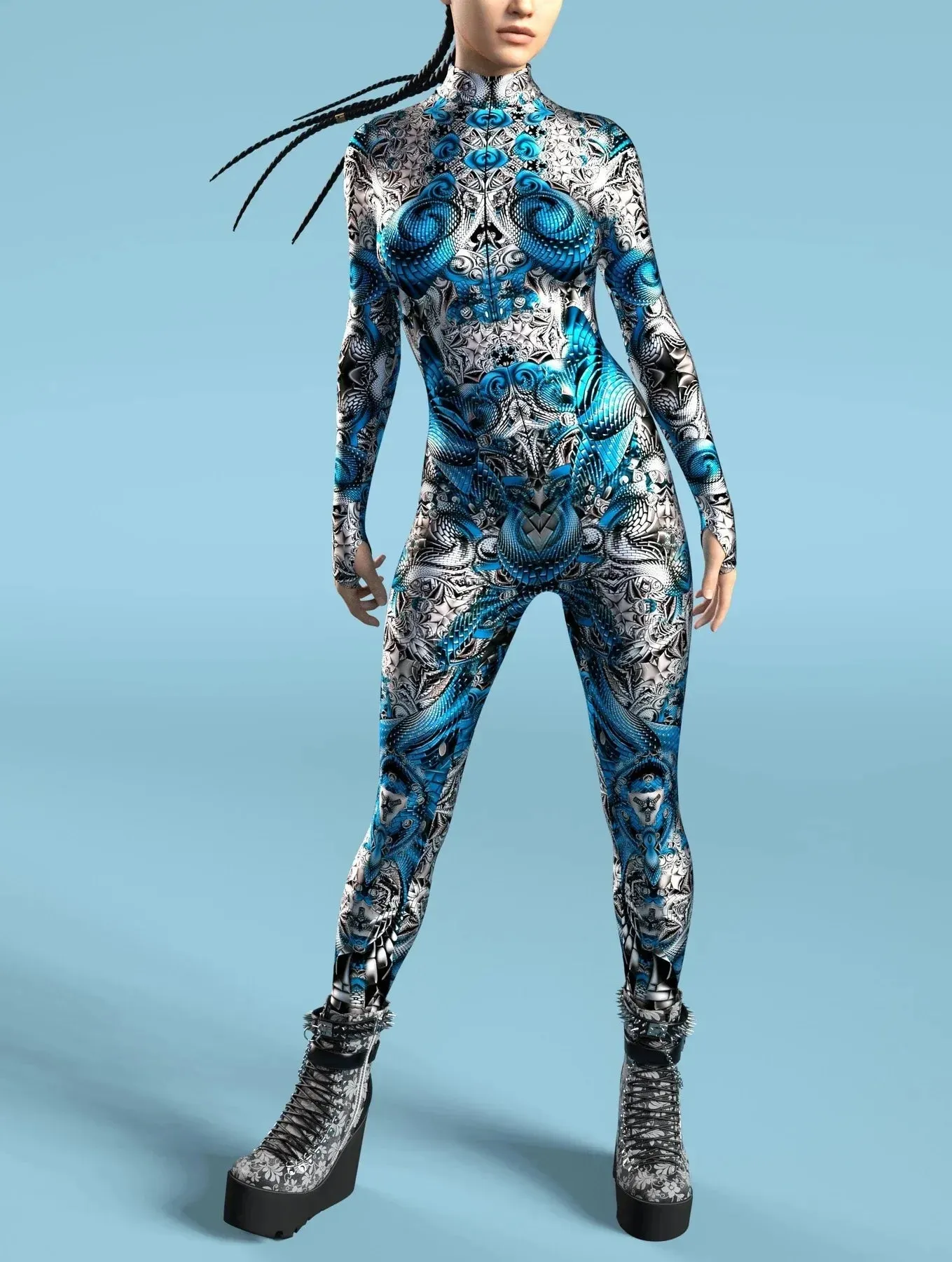 Blue & Silver Fractal Hypnotic Bodysuit - Rainbow Fractal Skinny Jumpsuit Wear Onesie Doof Costume Elastic Bodysuits Rave Rompers