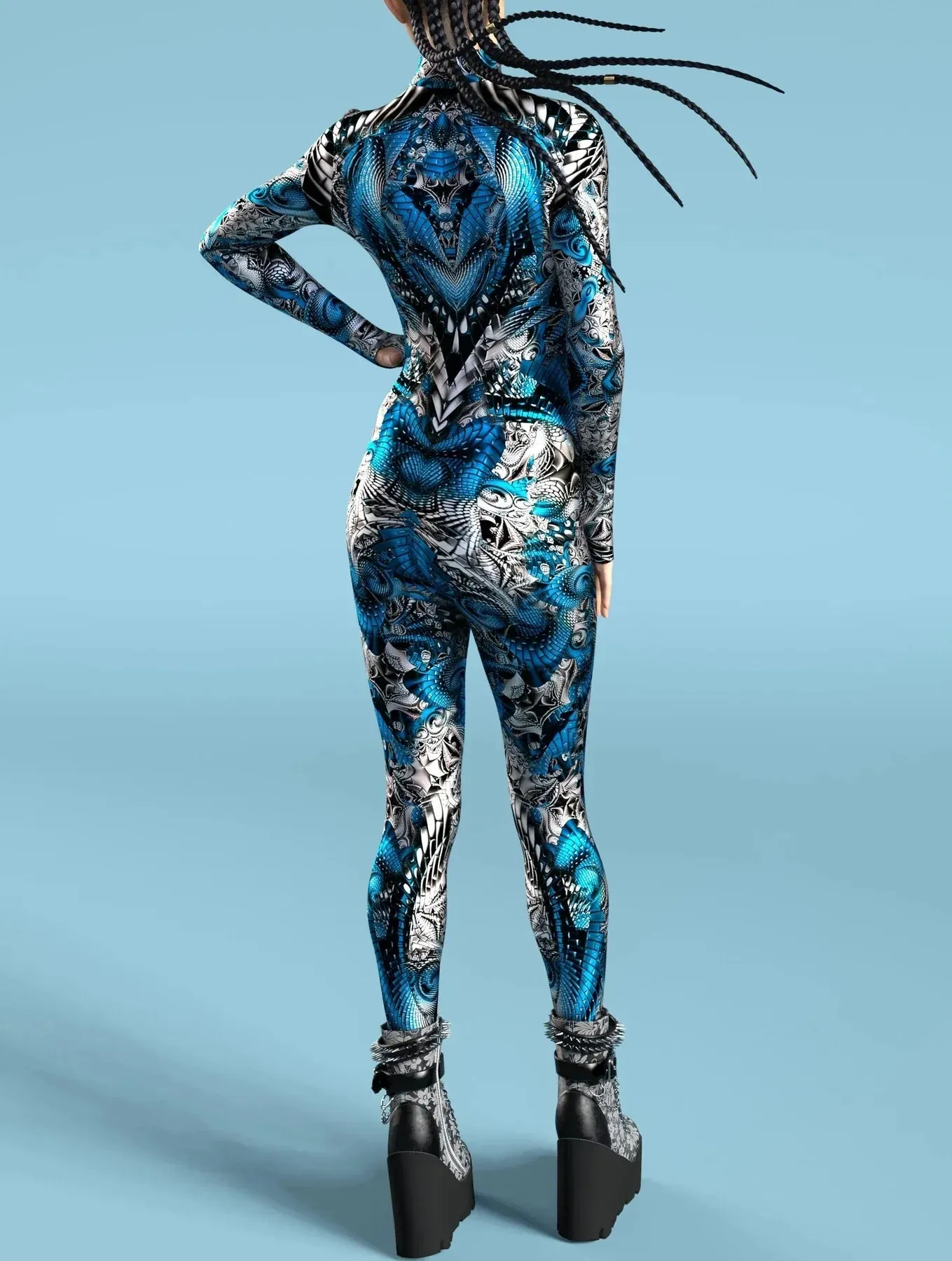 Blue & Silver Fractal Hypnotic Bodysuit - Rainbow Fractal Skinny Jumpsuit Wear Onesie Doof Costume Elastic Bodysuits Rave Rompers