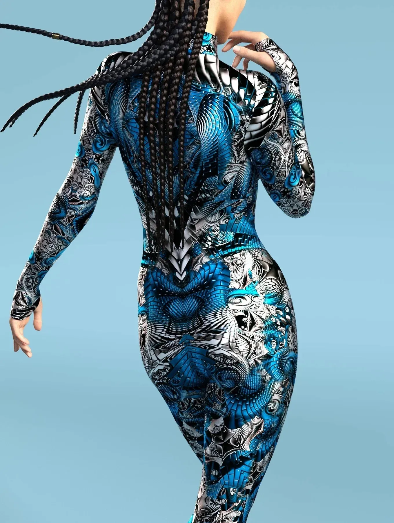 Blue & Silver Fractal Hypnotic Bodysuit - Rainbow Fractal Skinny Jumpsuit Wear Onesie Doof Costume Elastic Bodysuits Rave Rompers