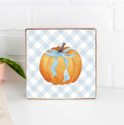 Blue Ribbon Pumpkin Decorative Wooden Block