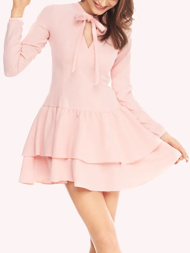 Bow Slim Fit Ruffled Hem Long Sleeve Dress