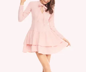 Bow Slim Fit Ruffled Hem Long Sleeve Dress