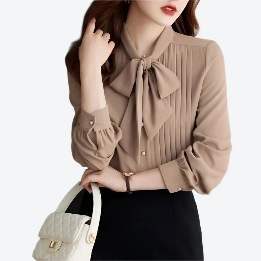 Bow Tie Pleated Chiffon Blouses