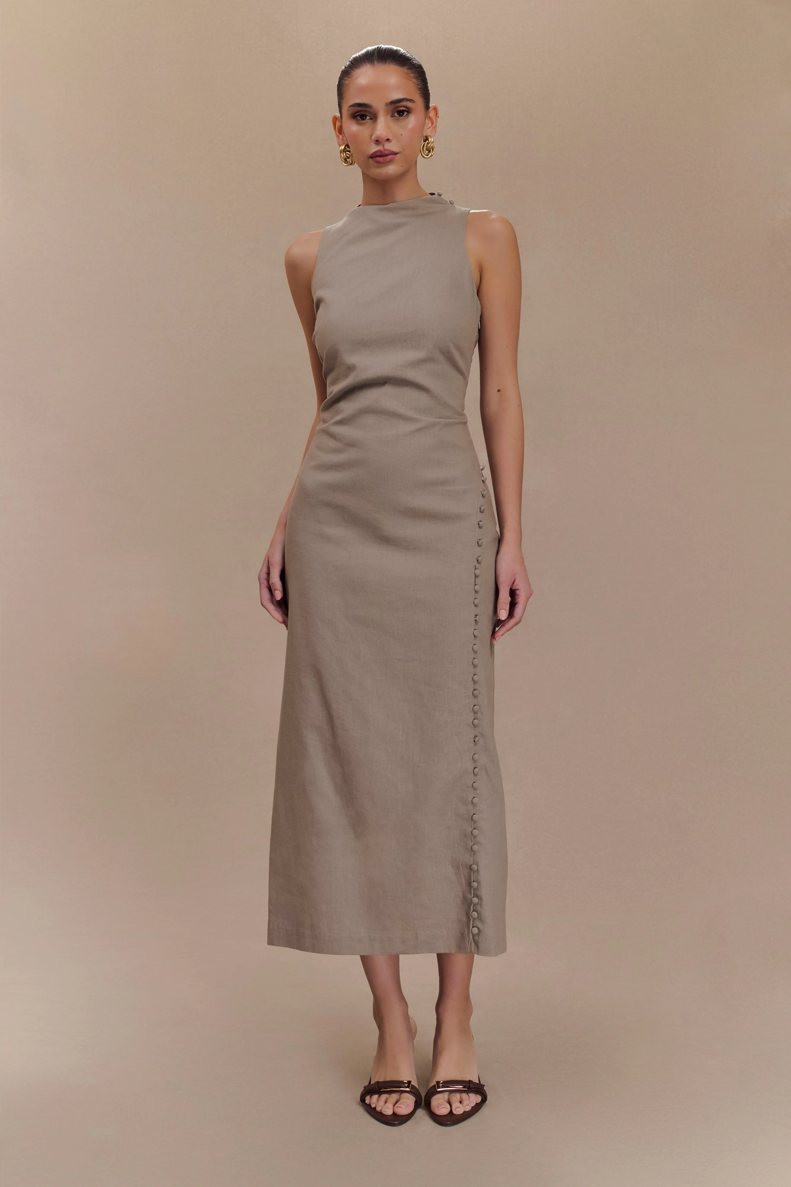 Bronte Linen Button Midi Dress - Pebble
