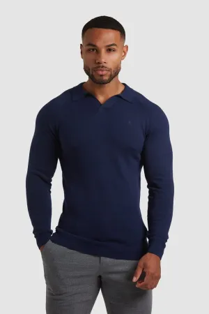 Buttonless Open Collar Polo Shirt in Navy