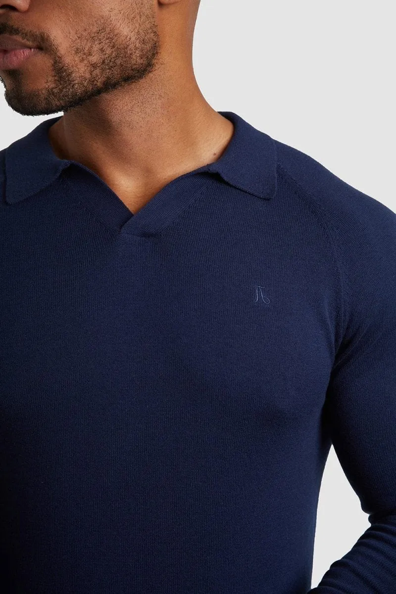 Buttonless Open Collar Polo Shirt in Navy