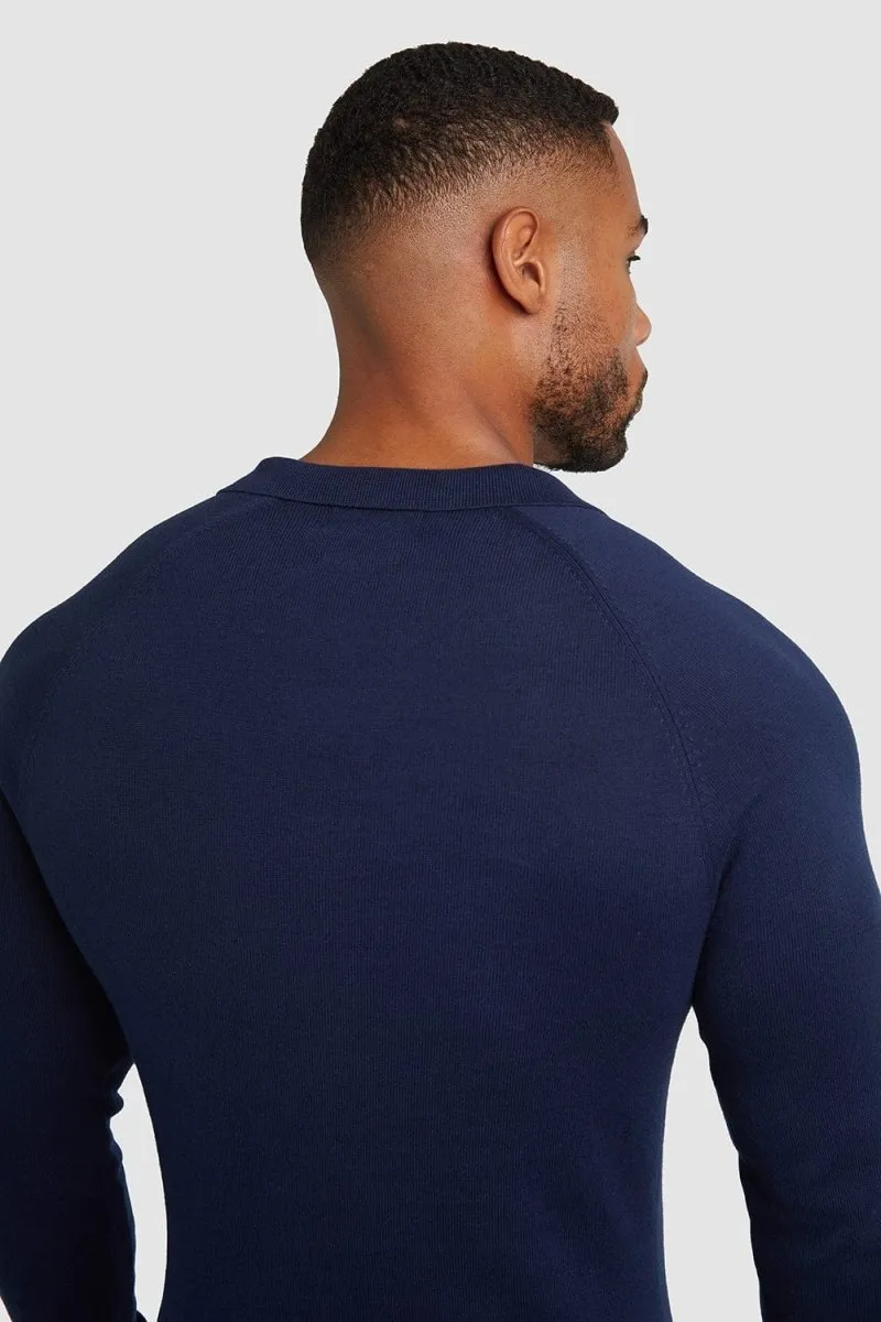 Buttonless Open Collar Polo Shirt in Navy