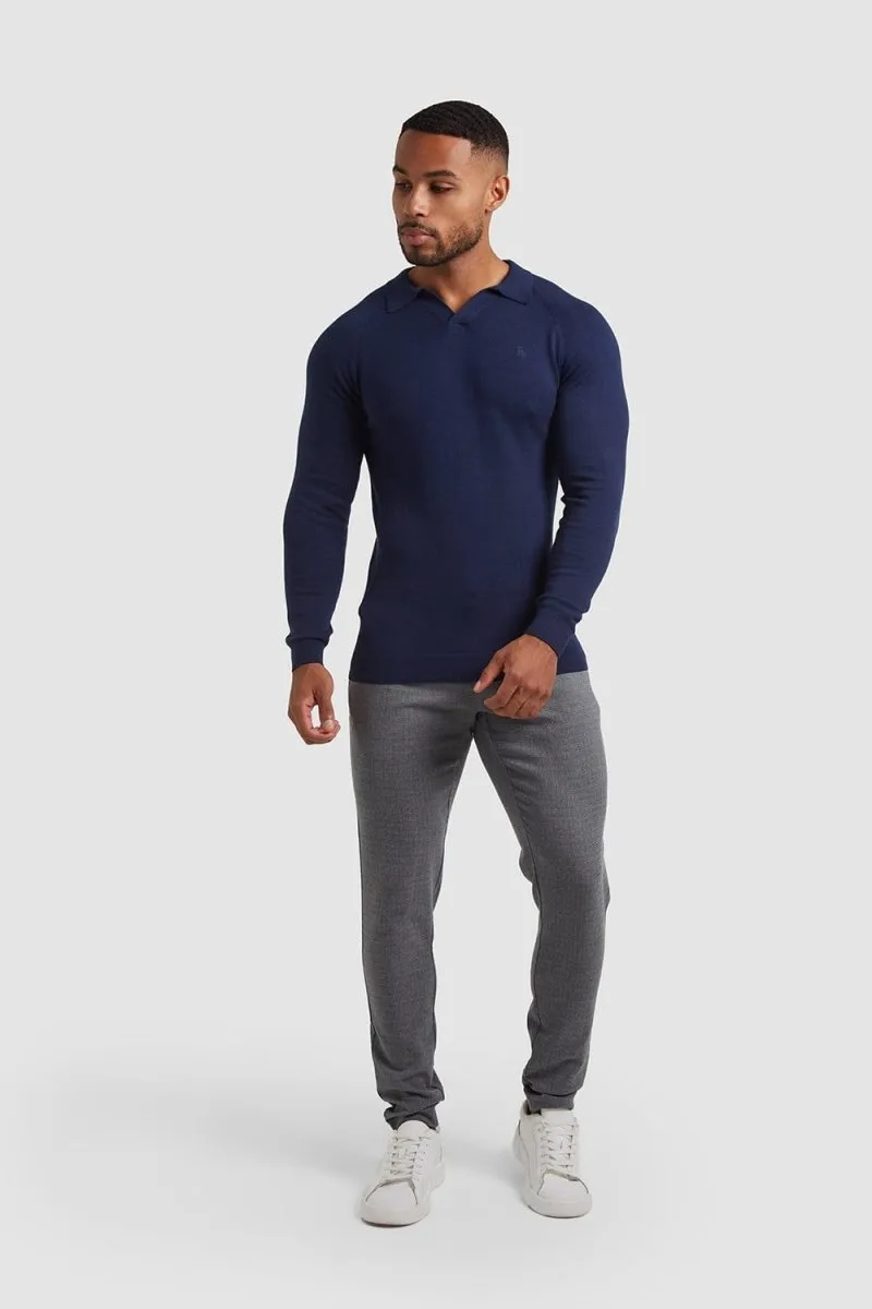 Buttonless Open Collar Polo Shirt in Navy