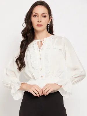 Camla Barcelona Necktie Ruffle Detail White Top