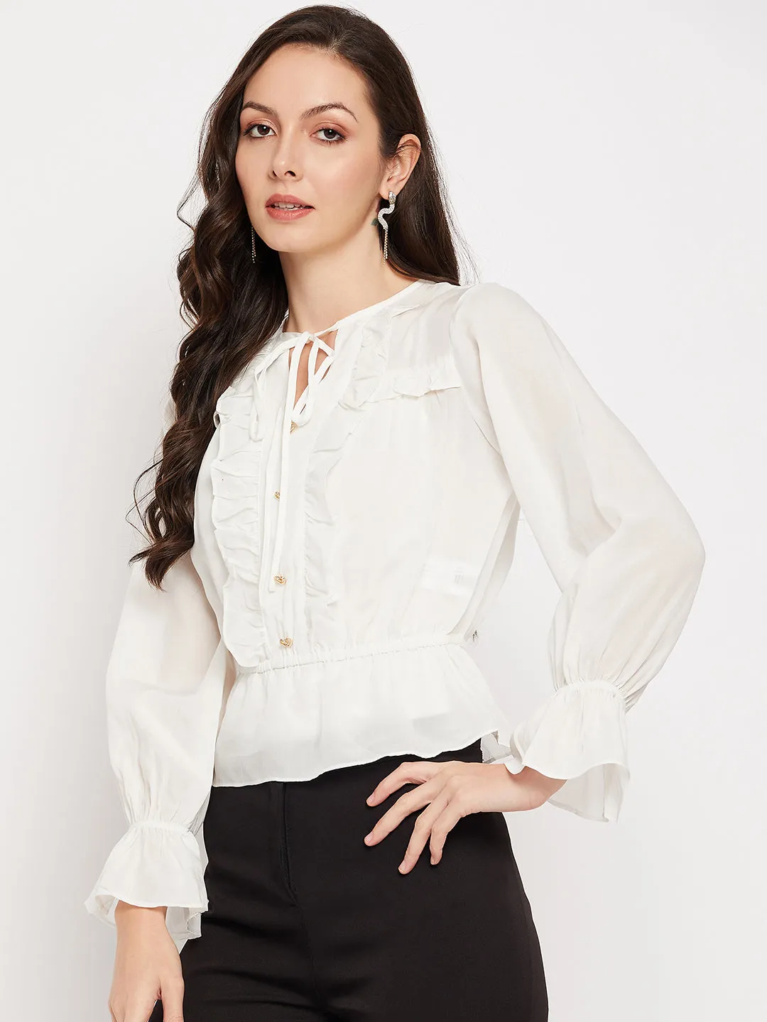 Camla Barcelona Necktie Ruffle Detail White Top