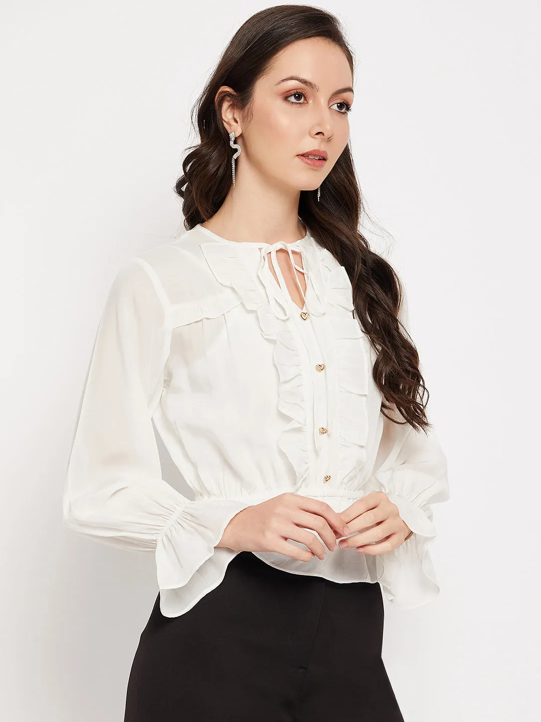 Camla Barcelona Necktie Ruffle Detail White Top
