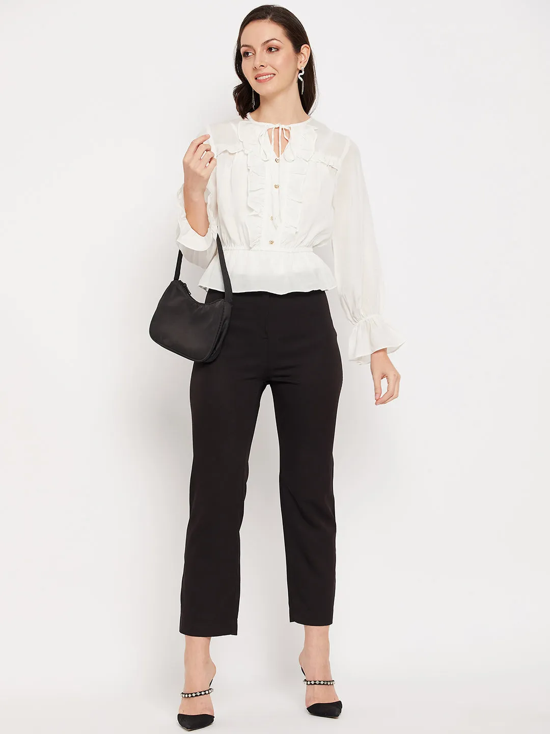 Camla Barcelona Necktie Ruffle Detail White Top