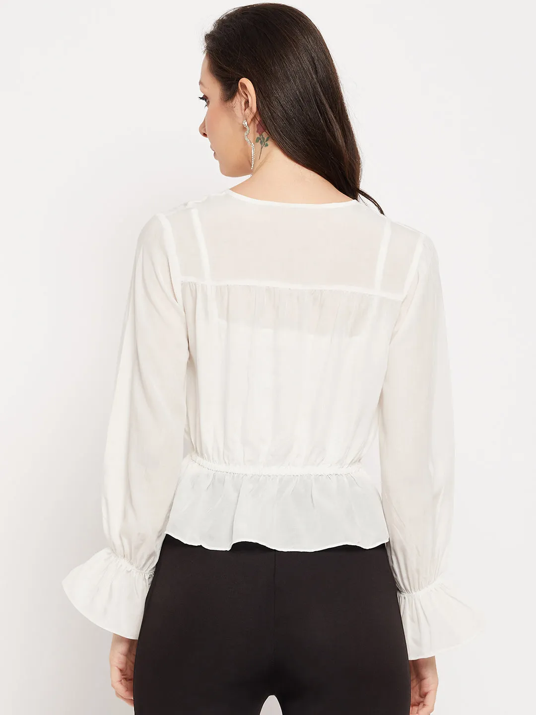 Camla Barcelona Necktie Ruffle Detail White Top