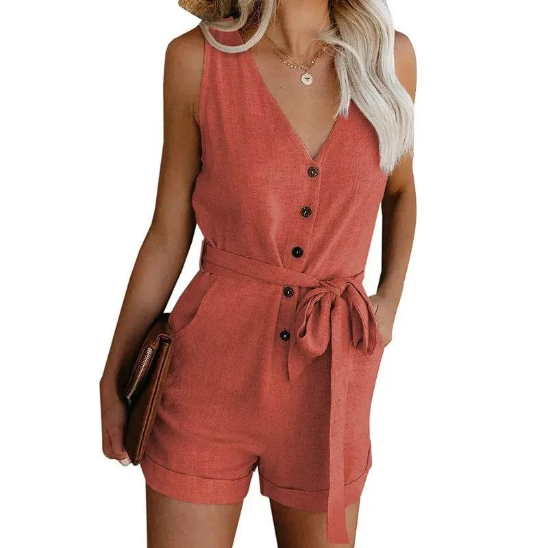 Casual V-neck Monochromatic Jumpsuit For Summer