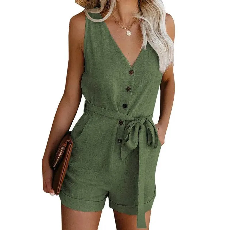 Casual V-neck Monochromatic Jumpsuit For Summer