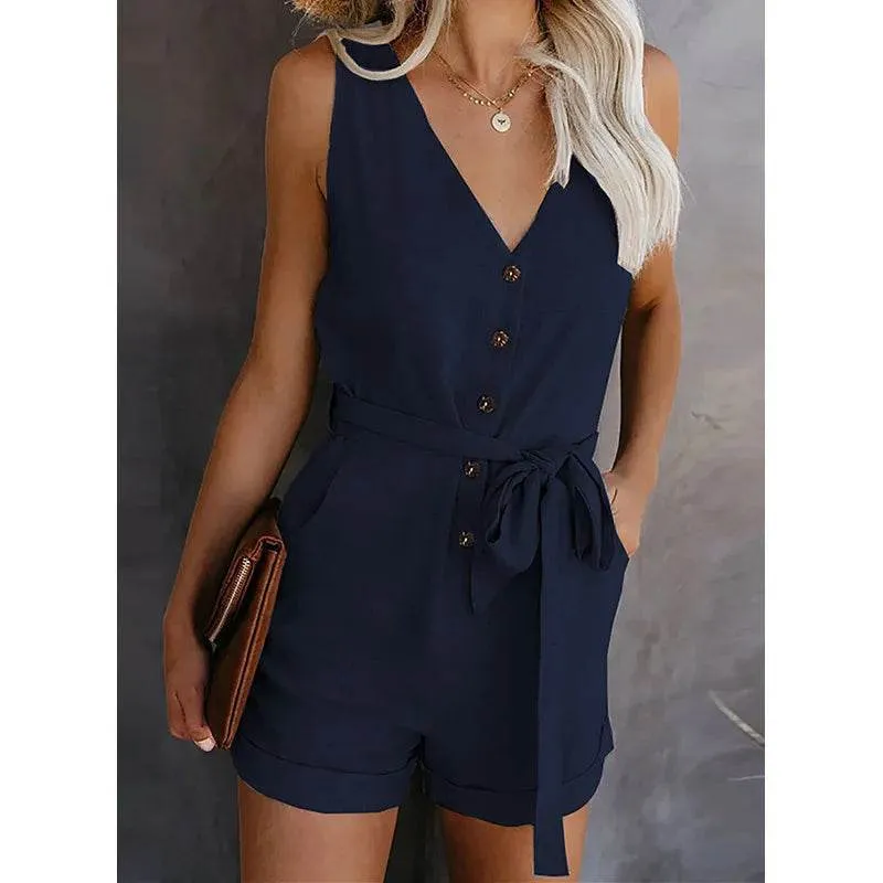 Casual V-neck Monochromatic Jumpsuit For Summer
