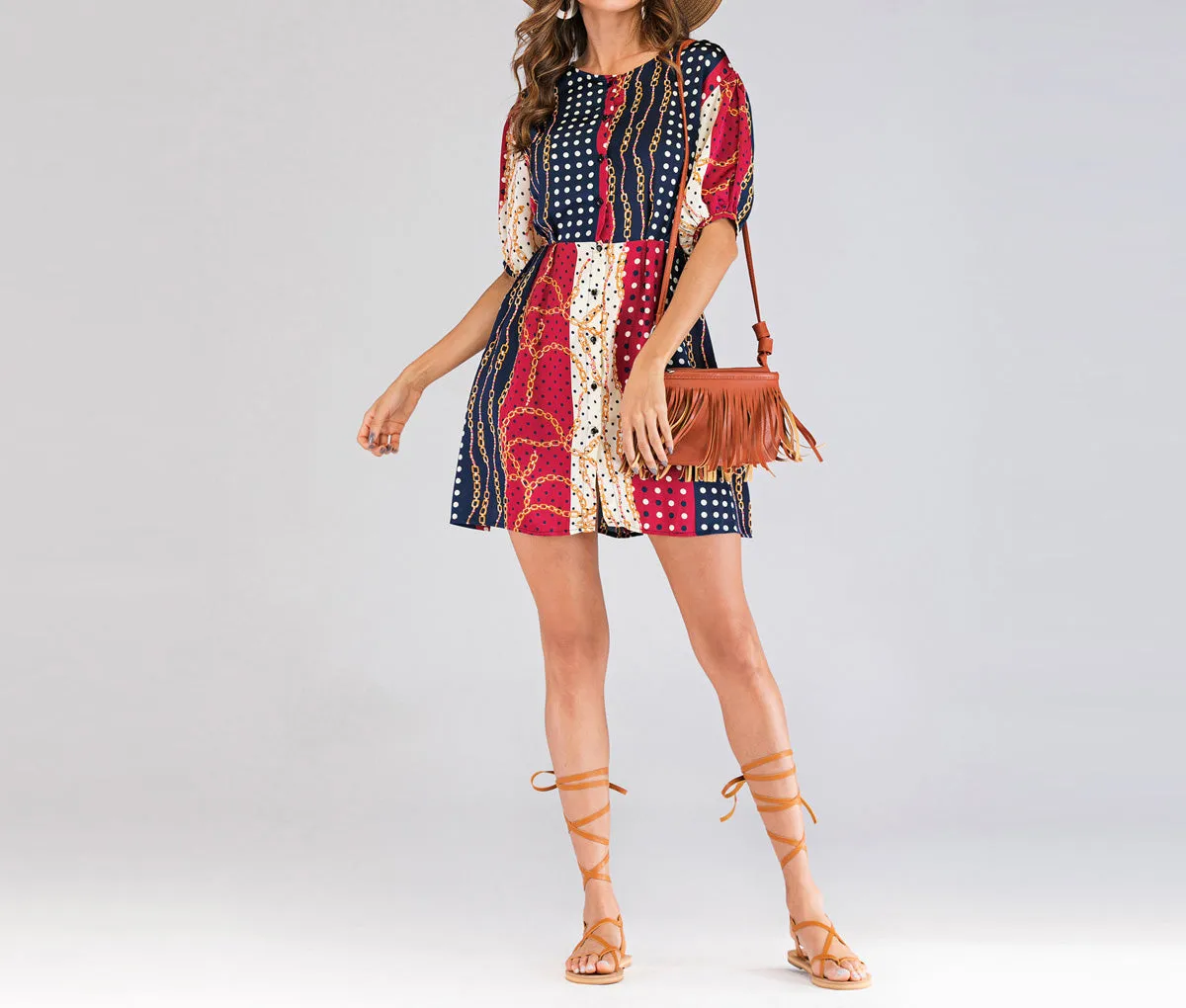 Chain-breasted Short-sleeved Dress