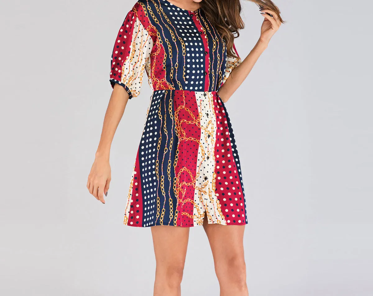 Chain-breasted Short-sleeved Dress