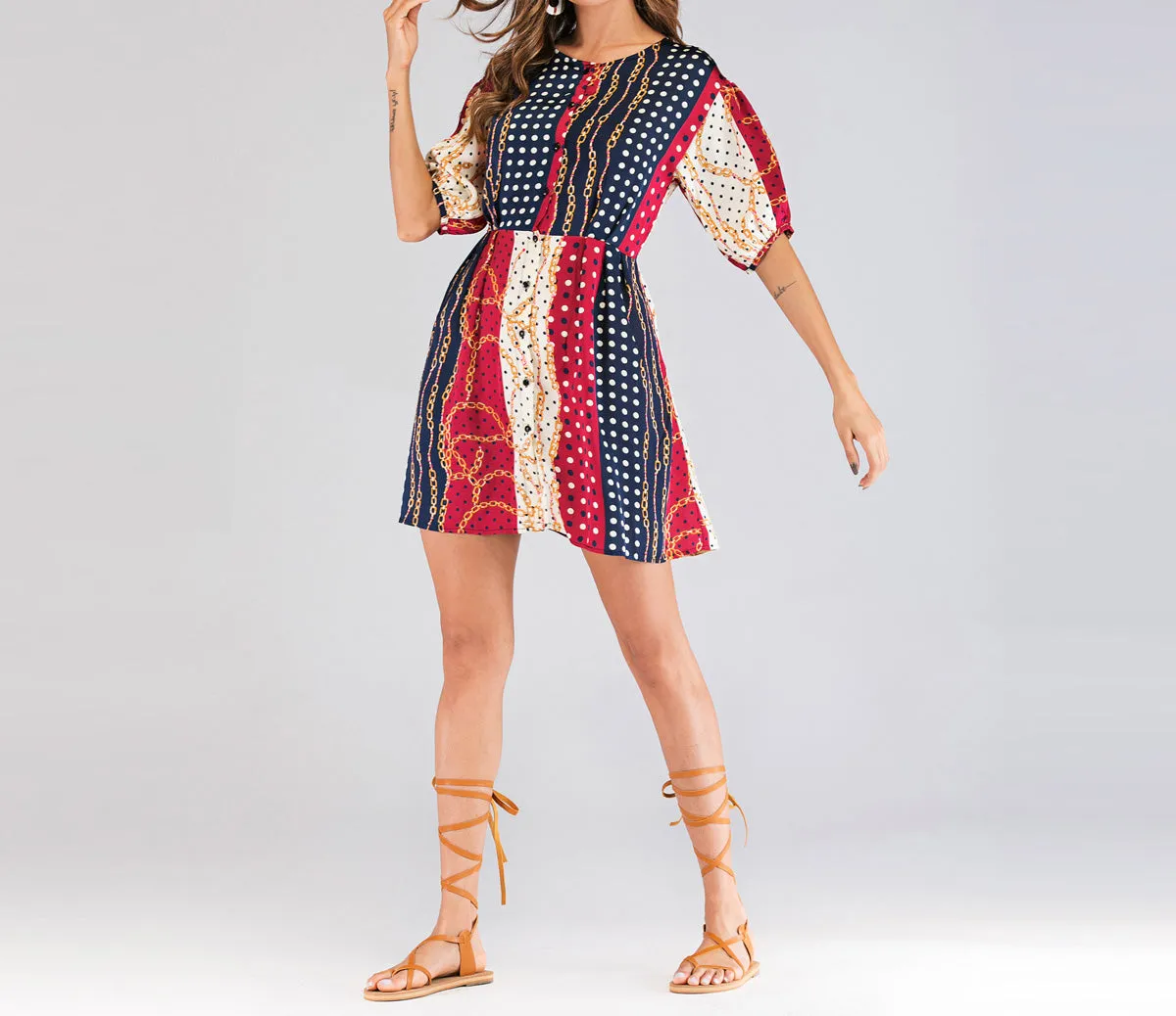 Chain-breasted Short-sleeved Dress