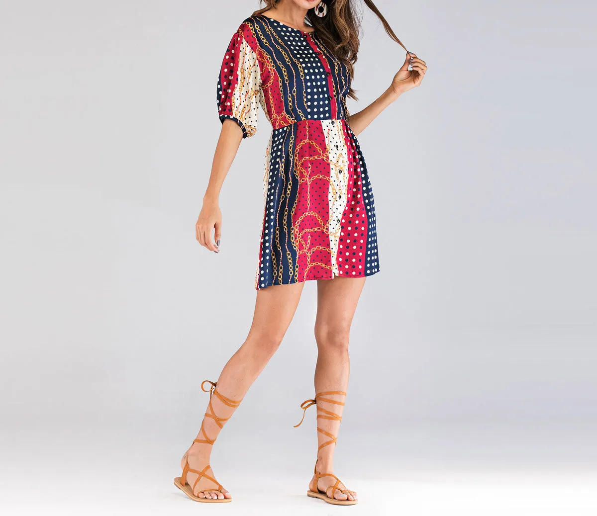 Chain-breasted Short-sleeved Dress
